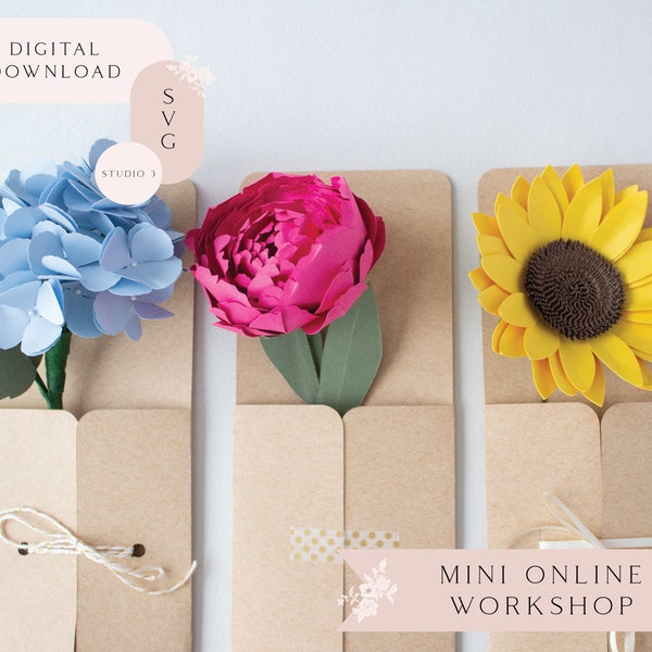 Paper Flower Holder Envelope Mini Online Workshop for Cricut and Silhouette includes SVG Studio3 Templates Video Tutorials Material List