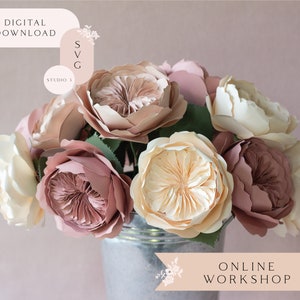 Workshop on-line de flor de rosa de jardim de papel para Cricut e Silhouette inclui modelos SVG Studio3, tutoriais em vídeo, lista de materiais
