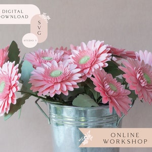 Workshop online sul fiore di gerbera di carta per Cricut e Silhouette, include modelli SVG Studio3, tutorial video, elenco dei materiali