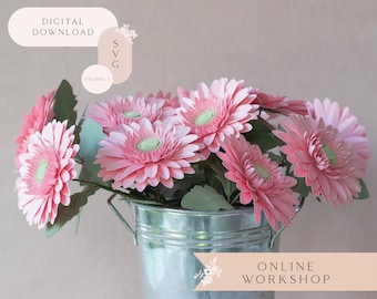Paper Gerbera Daisy Flower Online Workshop for Cricut and Silhouette includes SVG Studio3 Templates Video Tutorials Material List
