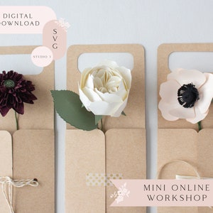 Soporte para flores de papel Mango rectangular Mini taller en línea para Cricut Silhouette incluye plantilla SVG Studio3 Tutoriales en vídeo Lista de materiales
