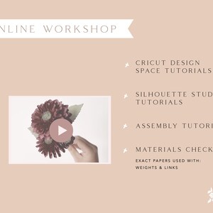 May include: Online workshop for creating paper flowers. The image shows a close-up of a hand holding a bouquet of three burgundy paper flowers. The text on the page includes "ONLINE WORKSHOP", "CRICUT DESIGN SPACE TUTORIALS", "SILHOUETTE STUDIO TUTORIALS", "ASSEMBLY TUTORIAL", "MATERIALS CHECKLIST", "EXACT PAPERS USED WITH:", and "WEIGHTS & LINKS".