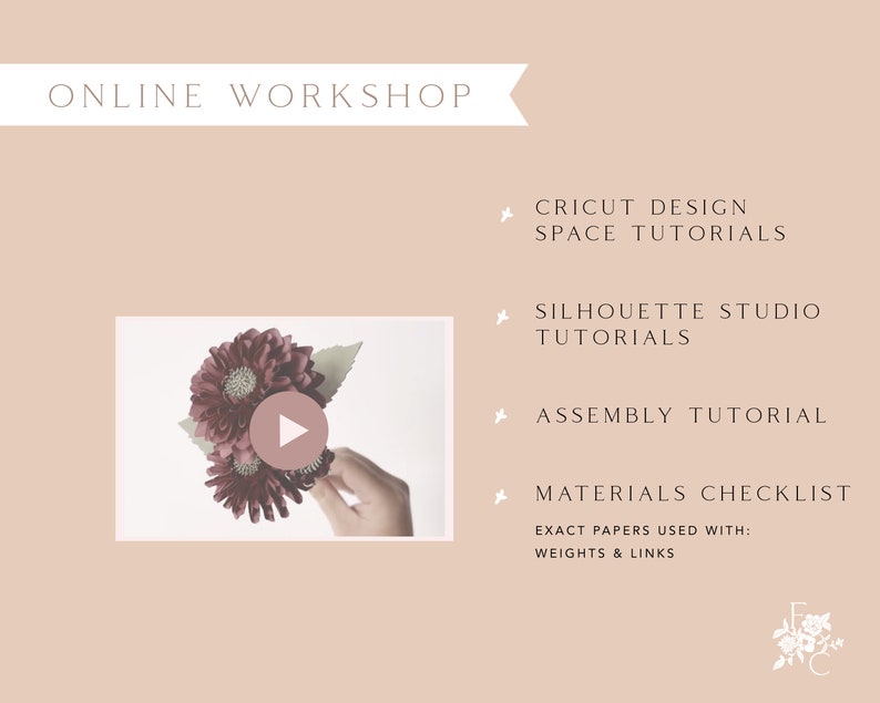 May include: Online workshop for creating paper flowers. The image shows a close-up of a hand holding a bouquet of three burgundy paper flowers. The text on the page includes "ONLINE WORKSHOP", "CRICUT DESIGN SPACE TUTORIALS", "SILHOUETTE STUDIO TUTORIALS", "ASSEMBLY TUTORIAL", "MATERIALS CHECKLIST", "EXACT PAPERS USED WITH:", and "WEIGHTS & LINKS".