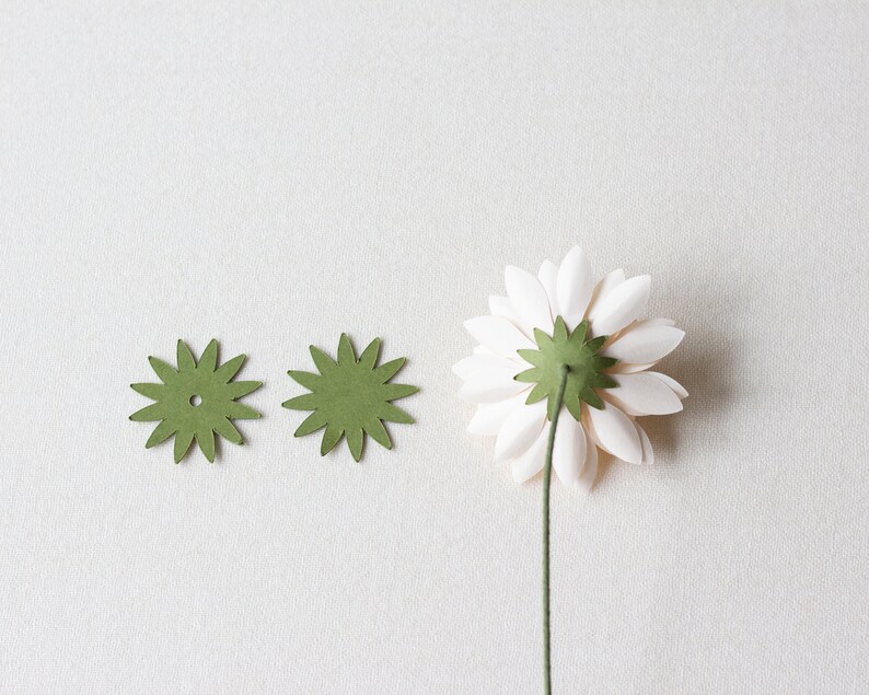 May include: Two green paper flower centers with a hole in the middle and a white paper flower with green paper leaves attached to a stem.