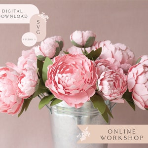 Workshop online sul fiore di peonia di carta per macchine da taglio Cricut e Silhouette, include modelli SVG Studio3, tutorial video, elenco dei materiali
