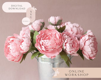 Paper Peony Flower Online Workshop for Cricut and Silhouette Cutting Machines includes SVG Studio3 Templates Video Tutorials Material List