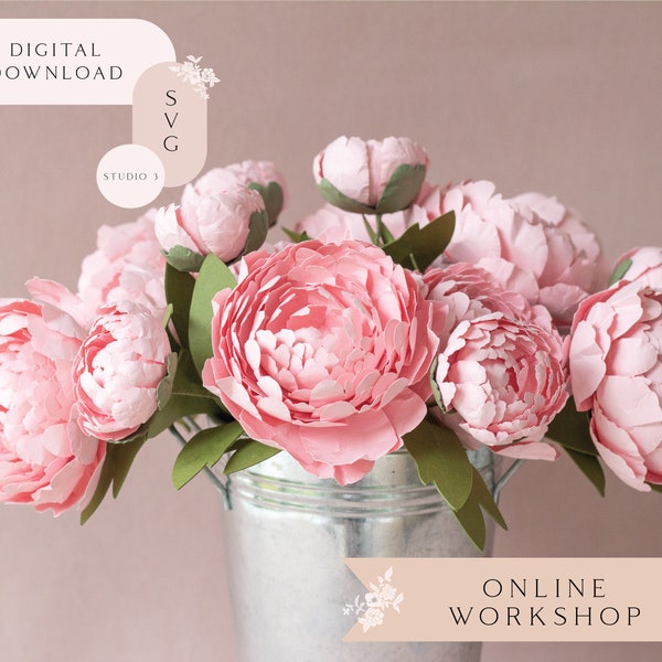 Paper Peony Flower Online Workshop for Cricut and Silhouette Cutting Machines includes SVG Studio3 Templates Video Tutorials Material List