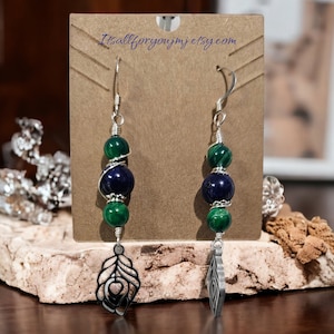 Lapis Lazuli and Agate wire Wrapped Earrings with Lazer Cut Peacock Feather