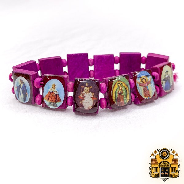 Mexican Wooden Saints Bracelets with Virgin Mary, Jesus Christ, Santo Niño, St. Jude (San Judas), Joseph, St. Michael, Virgen de Guadalupe