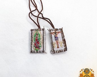 Escapulario de La Virgen de Guadalupe y Jesus en la Cruz Mini/Scapular of Our Lady of Guadalupe and Jesus on the Cross Necklace Collar Small