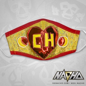 Chapulin Colorado Luchador Style Face Cover red heart on yellow, with red trim and round antenna details
