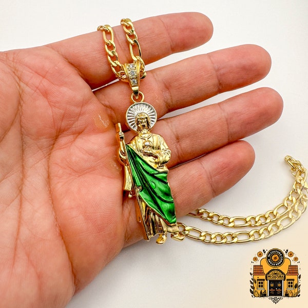 14K Gold Plated St. Jude Necklace Green Robe & Silver Halo Figaro Chain Pendant/Collar San Judas Tadeo Chapado Oro 14K bata verde  Colgante