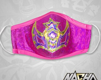 Sexy Star Light Gold on Pink and Light Metallic Purple Mexican Luchadora Face Cover
