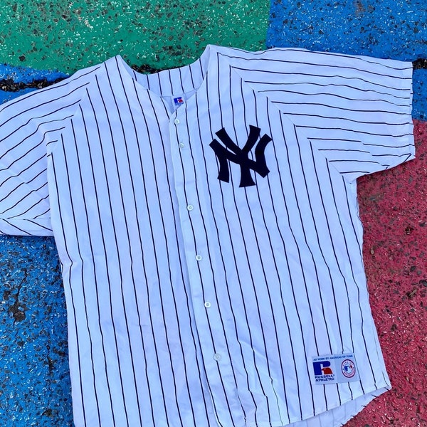 Vintage 90s New York Yankees MLB Baseball Russell Blank Pinstripe Jersey USA Size 2XL