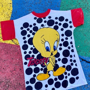Vintage 1990 Tweety Bird Warner Brothers Looney Tunes Flirts Spotted Graphic Shirt USA Tamaño XL