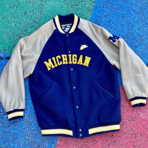 Vintage 90s 2000s University of Michigan Wolverines NCAA Collegiate College Team Nike Sportswear Leather Varsity Spellout Jacket Size XL