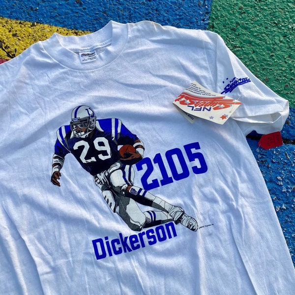 Vintage 1988 Eric Dickerson Indianapolis Colts NFL Football Rushing Yards Record 80s Superstars Graphic Shirt New With Tags Nwt USA Size L