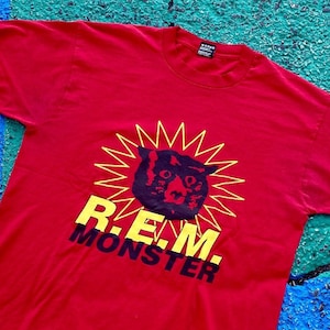 Vintage 90s REM Monster 93 K Rock Radio Rare Music Album Promo Alternative Rock Red Graphic Shirt USA Size XL