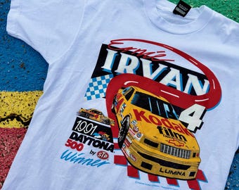 Vintage 1991 Ernie Irvan Daytona 500 Winner NASCAR Racing Kodak Film Graphic Shirt USA Size Large