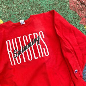 Vintage 90s Rutgers University Scarlet Knights NCAA Collegiate College Swimming Champion Reverse Weave Red Crewneck Sweatshirt USA Size XL