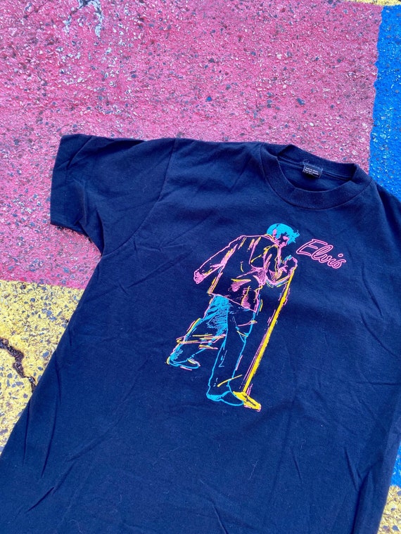 Vintage 80s Elvis Presley Neon Puff Print Sherry's Best Graphic Shirt USA Size Medium