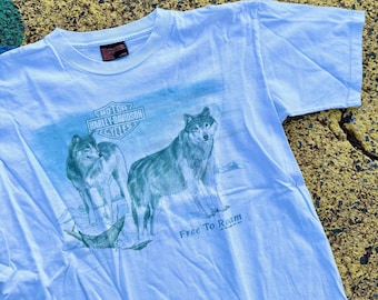 Vintage 1991 Harley Davidson Motorcycles Wolves Free to Roam 90s Holoubek Graphic Shirt USA Size Large