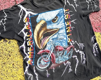 Vintage 90s American Thunder Eagle Motorcycle America's Finest Purple Lightning Graphic Shirt Size M/L