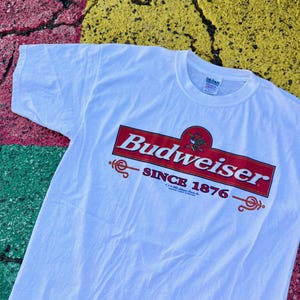 Vintage 2000 Budweiser Anheuser Busch Spellout Logo Beer Alcohol Promo Y2K Graphic Shirt Size XL