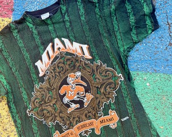 Vintage 1993 University of Miami Hurricanes NCAA Collegiate Sebastian the Ibis All Over Print AOP Graphic Shirt Size XL