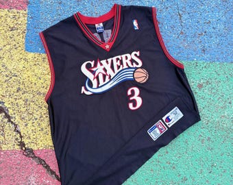 Vintage 90s Allen Iverson Philadelphia 76ers NBA Basketball Champion Authentic Black Jersey Size 52 2XL