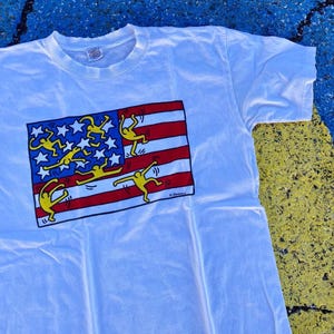 Vintage 90s Keith Haring Dancing Flag Pop Shop NYC Ballet Dancing Art Graphic Shirt USA Large