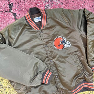 Vintage 80s/90s Cleveland Browns NFL Football Chalk Line Satin Spellout Jacket USA Size Large