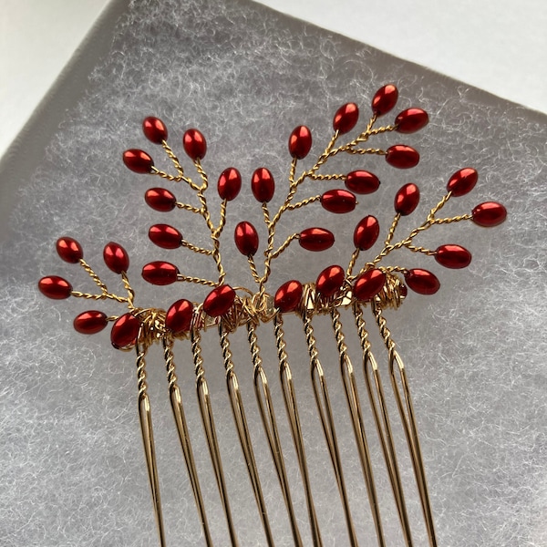 Tear Drop Red Pearl Fern Design Gold Hair Comb - Wedding - Bride - Bridesmaid - Prom