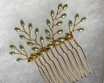 Tear Drop Green Pearl Fern Design Gold Hair Comb - Wedding - Bride - Bridesmaid - Prom