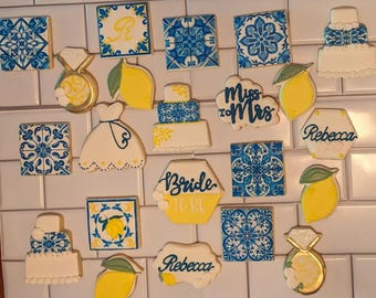 Lemon Bridal Shower Cookies: Mediterranean Tile Engagement Cookie Set