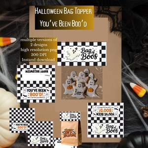 以下が含まれることがあります： 「HALLOWEEN BAG TOPPER YOU'VE BEEN BOO'D」のテキストが入ったハロウィーンをテーマにしたバッグトッパーのコレクション。デザインには、お化け、市松模様、フレーズ「Bag of Boos」が含まれています。複数のバージョンが利用可能です。