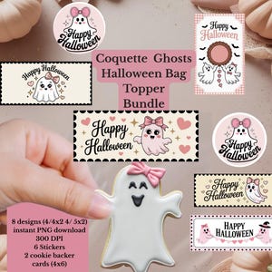 Puede incluir: Una colección de diseños temáticos de Halloween con lindas ilustraciones de fantasmas, lazos rosas y corazones. Los diseños incluyen pegatinas, tarjetas para galletas y paquetes de adornos. El texto "Happy Halloween" se muestra de forma destacada.