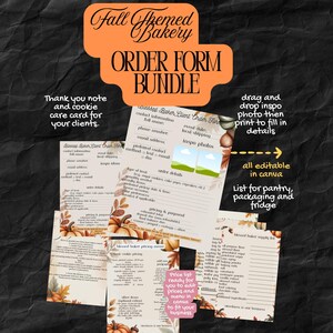 Pode incluir: Um pacote de formulários de pedido de padaria com tema de outono com uma faixa laranja. O pacote inclui um bilhete de agradecimento, um cartão de cuidados com biscoitos e vários formulários para informações do cliente, detalhes do pedido e preços.