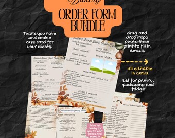 May include: A fall-themed bakery order form bundle with an orange banner. The bundle includes a thank you note, cookie care card, and various forms for client information, order details, and pricing. The forms are decorated with fall-themed graphics.