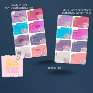 May include: Two sets of colorful printable cards with text boxes and the words "First Day of School" and "Hello School". The cards are in pink, purple, blue, and other colors. The text "Ready to Print PDF Downloadable File" is at the top.