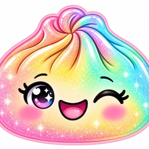 May include: A rainbow-coloured dumpling illustration with a glossy, glittery finish. The character features a wide, smiling mouth, pink cheeks, and two large eyes, one of which is winking. The design is outlined in a soft pink border.