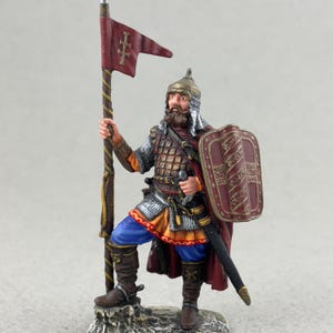 Medieval miniature soldier 54 mm 1/32, Collectable figure, Warrior of Kievan Rus, Knight statue, Painted tin sculpture, Historical figurine