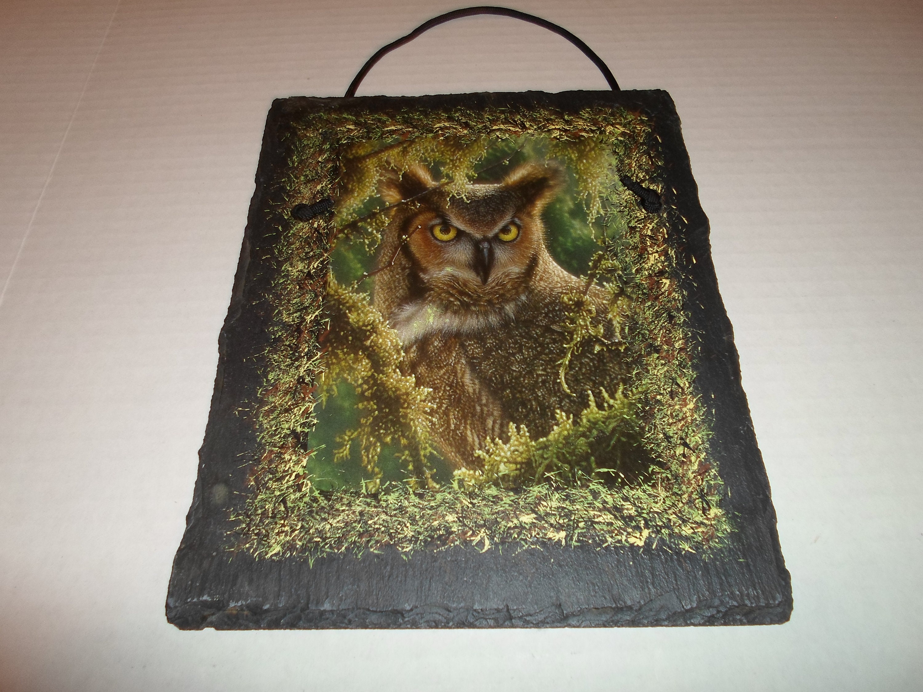 8x10 Decoupage & Hand Painted Slate Roofing Tile From Maine Green Owl