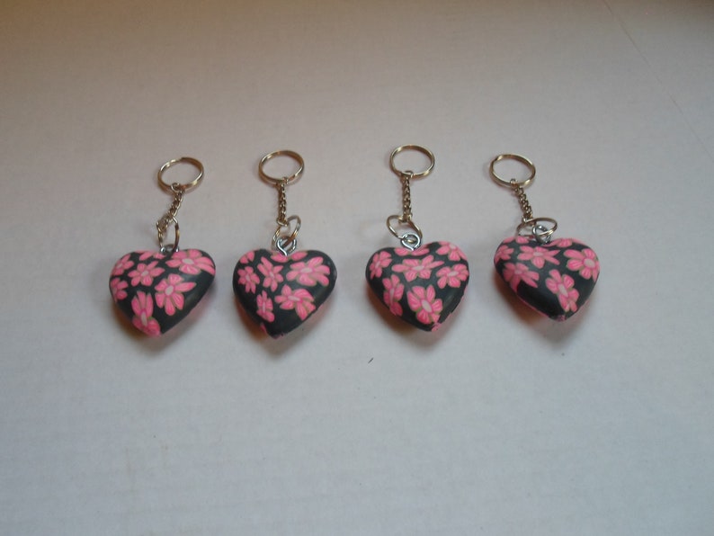 Set of 4 Pink 2 Fimo Heart Bead Key Chains Total Lenght 5 Width od Heart 2