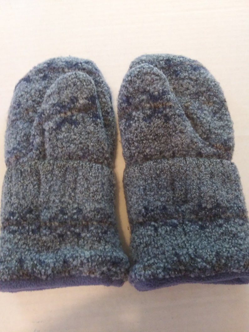 Off White w/ Light Blue Polar Fleece Lining Sweater Mittens from Maine Cotton Blend Thick S/M