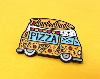 Campervan Surfer Dude Pizza enamel pin badge, grab them while there HOT!!!