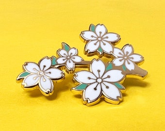 White Cherry blossom Branch Brooch hard enamel pin badge, cherry blossoms have come to symbolise the beauty and fragility of life..