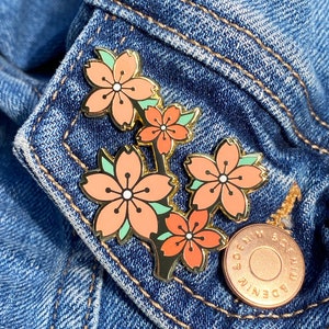 Cherry blossom Branch Brooch hard enamel pin badge, cherry blossoms have come to symbolise the beauty and fragility of life..