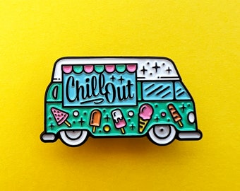 Campervan Ice Cream truck Green enamel pin badge, A great way to chill out!