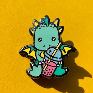 Green Boba dragon hard enamel pin badge, A great gift for boba tea lovers!!